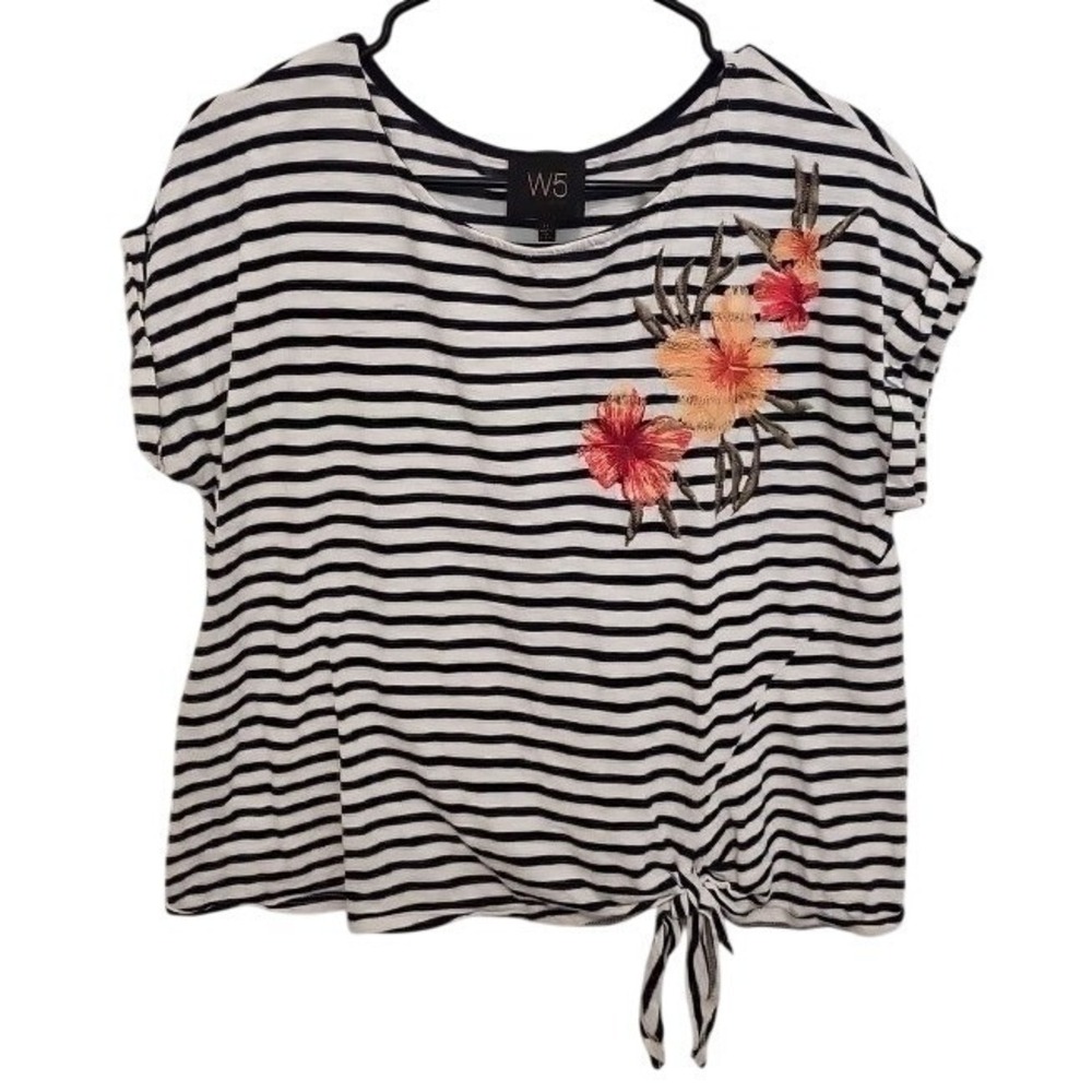 W5 Womens Striped Floral Embroidered Side Tie Knot Top Black & White Medium USA